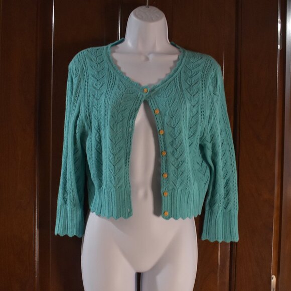 Express Teal Cropped Cotton Knit Cardigan Sweater Size Large - Picture 2 of 15
